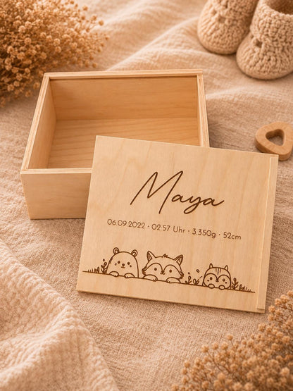 Memory-Box I Erinnerungskiste I Personalisierbar I Wunschmotiv I Name I Baby I Hochzeit I Taufe I Holzkiste mit Schiebedeckel I Babyshower