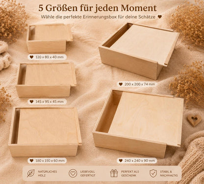Memory-Box I Erinnerungskiste I Personalisierbar I Wunschmotiv I Name I Baby I Hochzeit I Taufe I Holzkiste mit Schiebedeckel I Babyshower