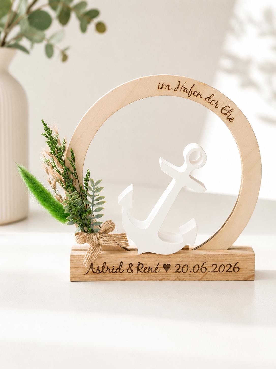 Maritimes Hochzeitsgeschenk „Im Hafen der Ehe“ – Deko Aufsteller mit Anker & Trockenblumen – personalisiertes Geschenk zur Hochzeit
