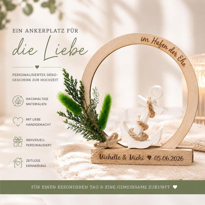 Maritimes Hochzeitsgeschenk „Im Hafen der Ehe“ – Deko Aufsteller mit Anker & Trockenblumen – personalisiertes Geschenk zur Hochzeit