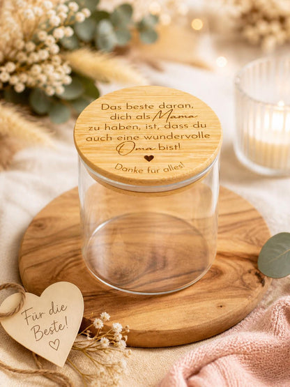 personalisierte Vorratsgläser mit Bambus-Deckel und Gravur (500ml), perfekte als Kita-Abschiedsgeschenk oder Hochzeitsgeschenk, Wunschtext