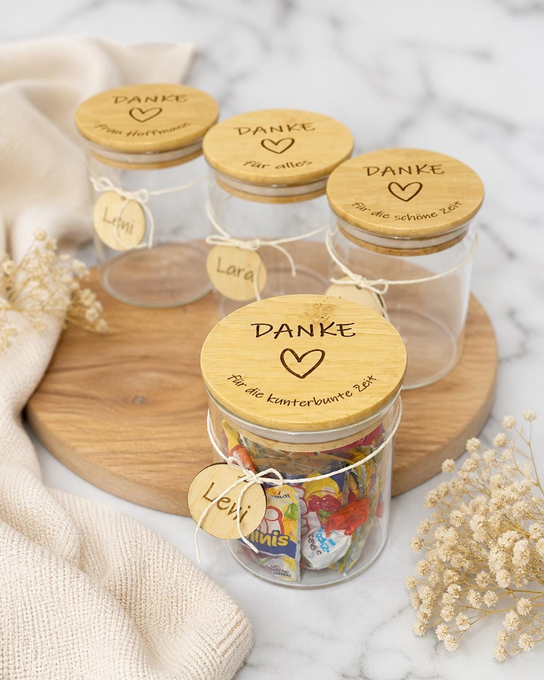 personalisierte Vorratsgläser mit Bambus-Deckel und Gravur (500ml), perfekte als Kita-Abschiedsgeschenk oder Hochzeitsgeschenk, Wunschtext