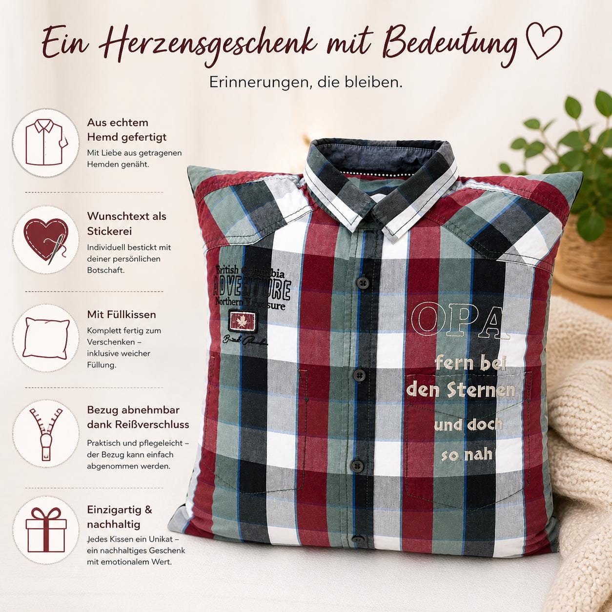 Erinnerungskissen aus Hemd | T-Shirt | Kissen personalisiert mit Stickerei | Geschenk für Opa Papa | Andenken aus Kleidung | Unikat handmade