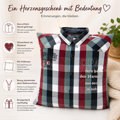 Erinnerungskissen aus Hemd | T-Shirt | Kissen personalisiert mit Stickerei | Geschenk für Opa Papa | Andenken aus Kleidung | Unikat handmade