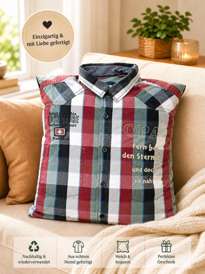 Erinnerungskissen aus Hemd | T-Shirt | Kissen personalisiert mit Stickerei | Geschenk für Opa Papa | Andenken aus Kleidung | Unikat handmade