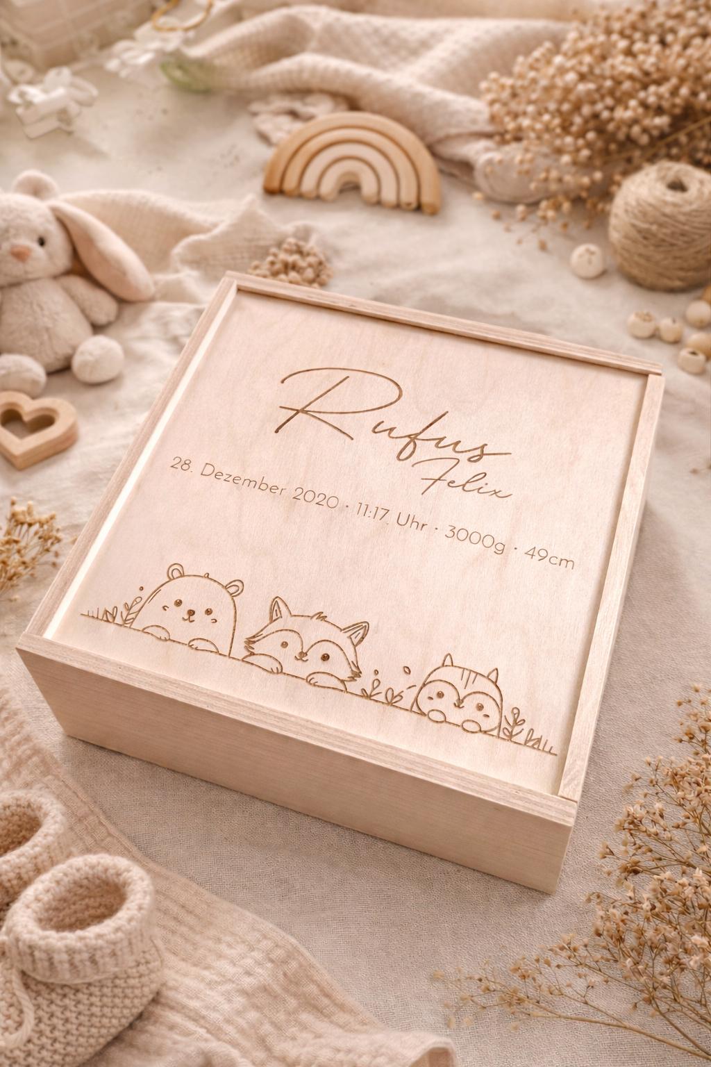 Memory-Box I Erinnerungskiste I Personalisierbar I Wunschmotiv I Name I Baby I Hochzeit I Taufe I Holzkiste mit Schiebedeckel I Babyshower