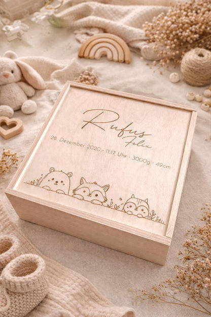 Memory-Box I Erinnerungskiste I Personalisierbar I Wunschmotiv I Name I Baby I Hochzeit I Taufe I Holzkiste mit Schiebedeckel I Babyshower