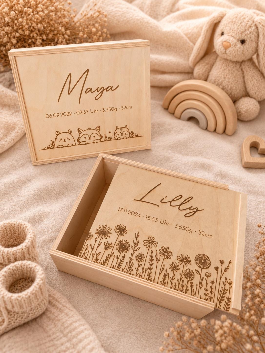 Memory-Box I Erinnerungskiste I Personalisierbar I Wunschmotiv I Name I Baby I Hochzeit I Taufe I Holzkiste mit Schiebedeckel I Babyshower