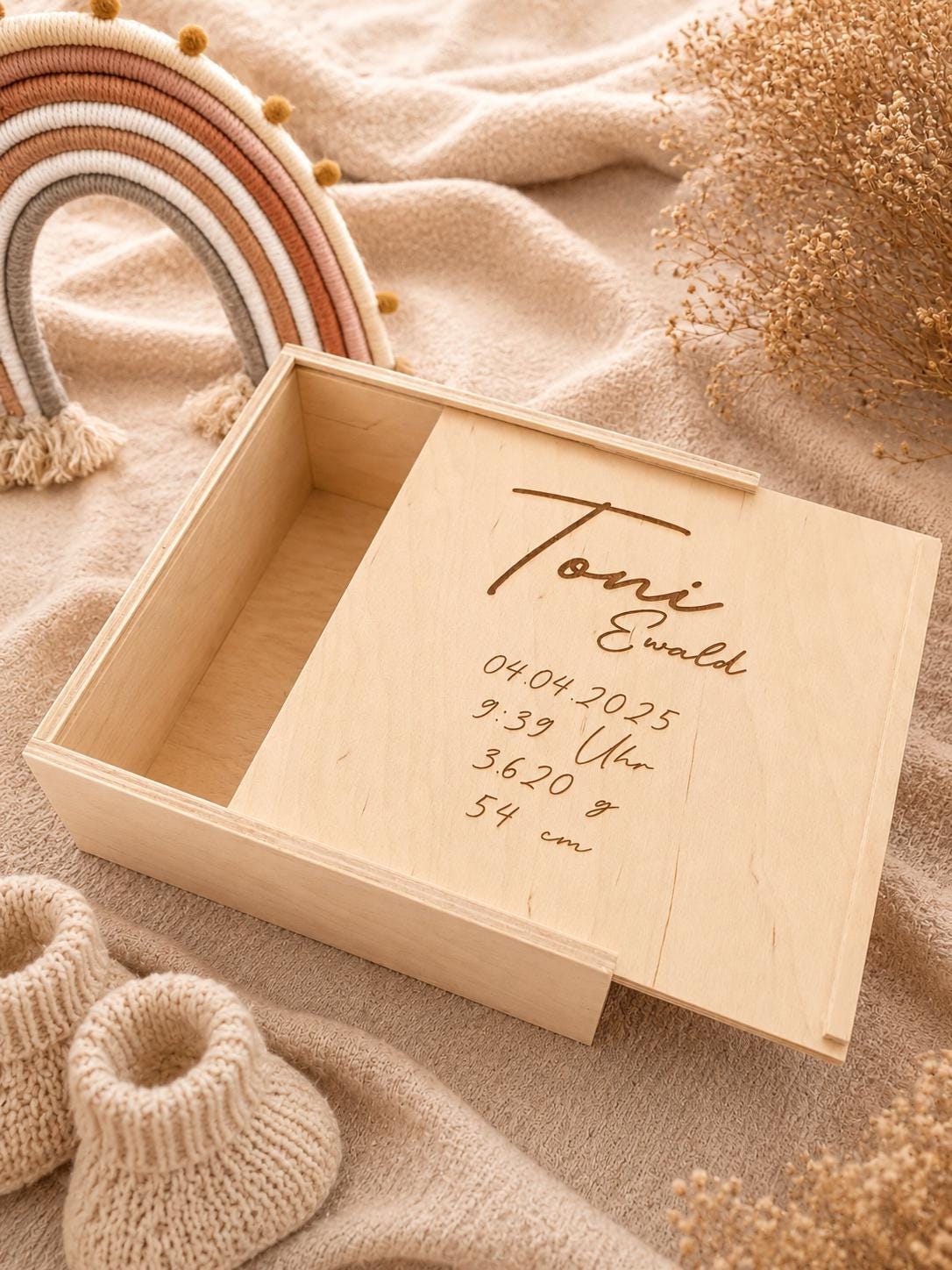 Memory-Box I Erinnerungskiste I Personalisierbar I Wunschmotiv I Name I Baby I Hochzeit I Taufe I Holzkiste mit Schiebedeckel I Babyshower