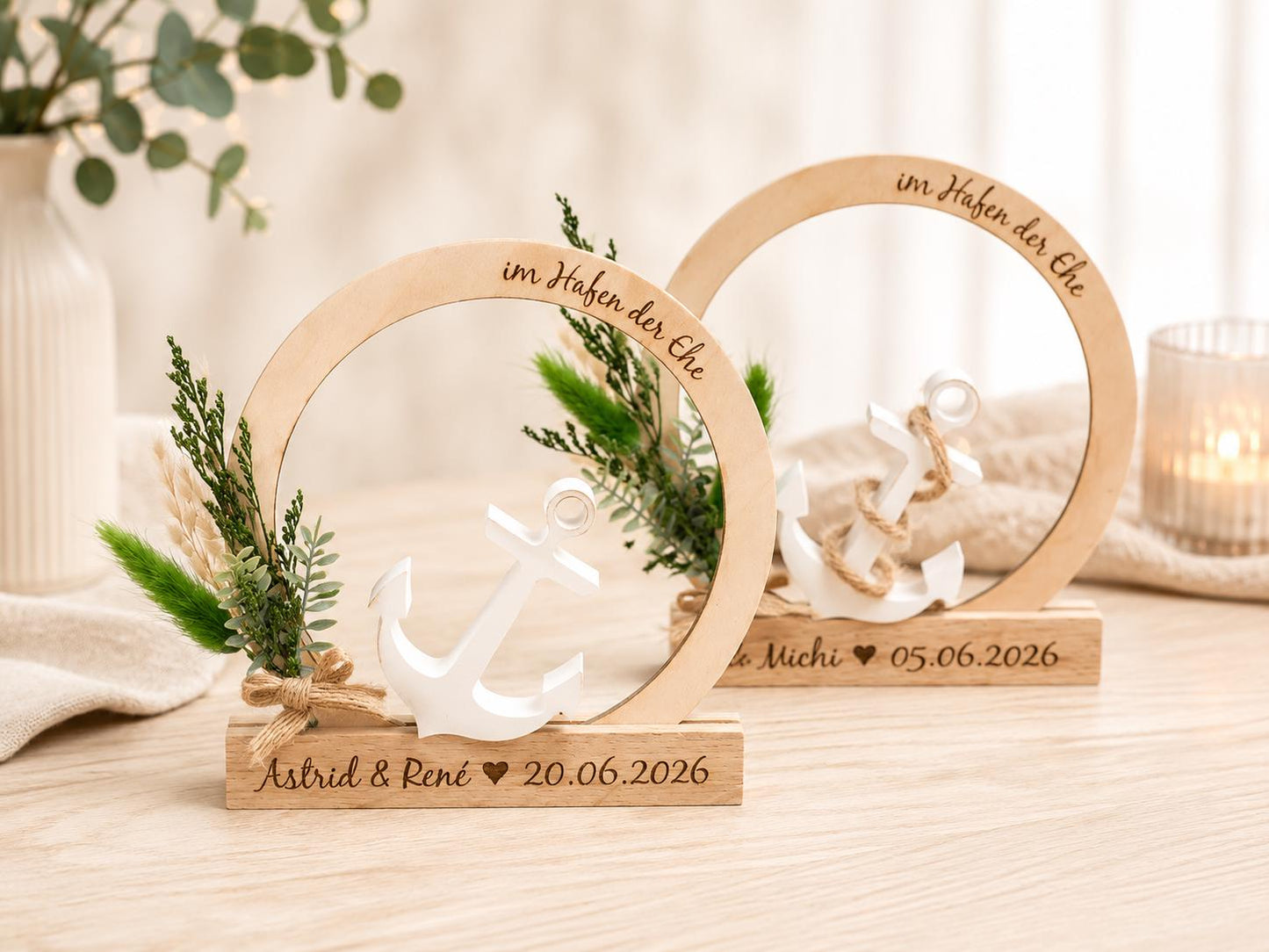 Maritimes Hochzeitsgeschenk „Im Hafen der Ehe“ – Deko Aufsteller mit Anker & Trockenblumen – personalisiertes Geschenk zur Hochzeit