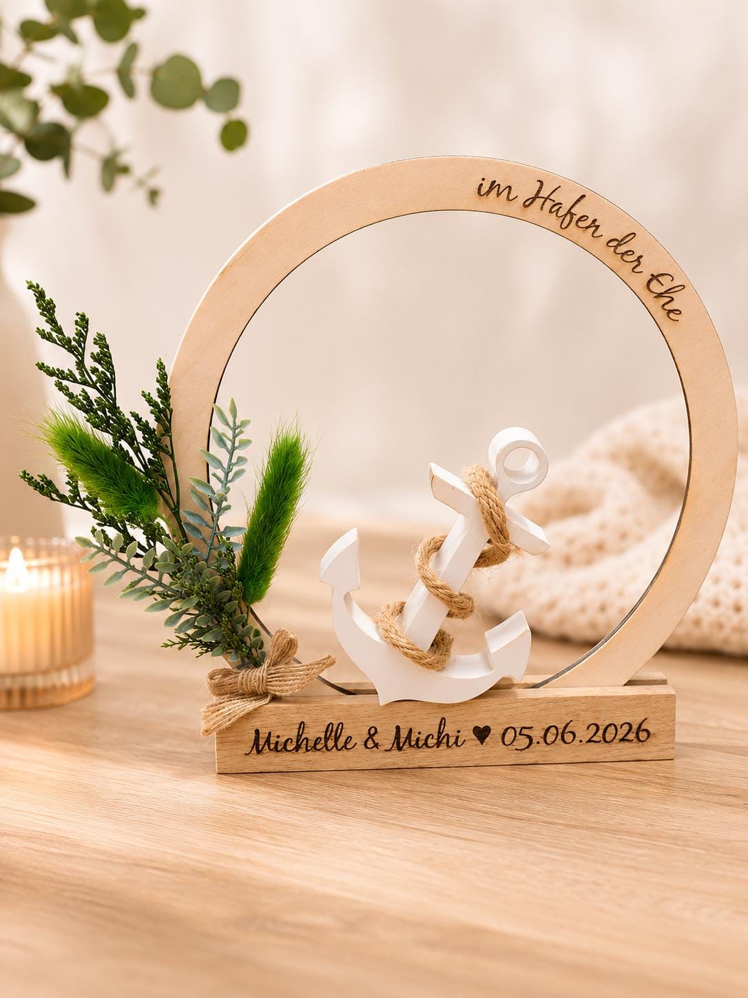 Maritimes Hochzeitsgeschenk „Im Hafen der Ehe“ – Deko Aufsteller mit Anker & Trockenblumen – personalisiertes Geschenk zur Hochzeit