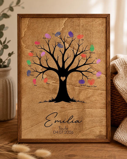 Fingerabdruck Gästebuch Taufe aus Holz mit Rahmen | Personalisiertes Gästebuch A3 | Guest | Geschenk zur Taufe | Kommunion | Geburt