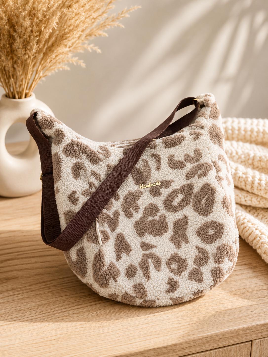 Shopper| Große Stofftasche mit Innenfach | Teddy Tasche Damen Leo Shopper Handmade | Kuschelige Sherpa Bag Beige Leopard | Umhängetasche