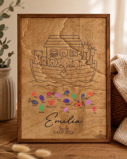 Fingerabdruck Gästebuch Taufe aus Holz mit Rahmen | Personalisiertes Gästebuch A3 | Guest | Geschenk zur Taufe | Kommunion | Geburt