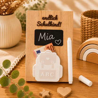 Personalisiertes Geldgeschenk zur Einschulung aus Holz | Schulkind Geschenk mit Tafel, Stift & Geldhalter | Endlich Schulkind | Abschied
