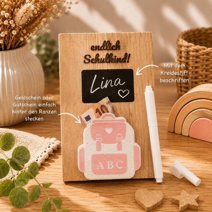 Personalisiertes Geldgeschenk zur Einschulung aus Holz | Schulkind Geschenk mit Tafel, Stift & Geldhalter | Endlich Schulkind | Abschied