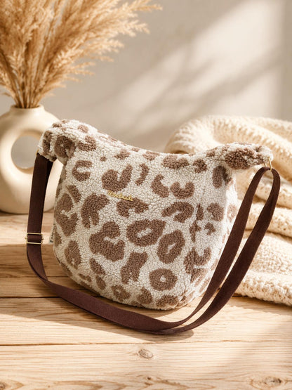Shopper| Große Stofftasche mit Innenfach | Teddy Tasche Damen Leo Shopper Handmade | Kuschelige Sherpa Bag Beige Leopard | Umhängetasche