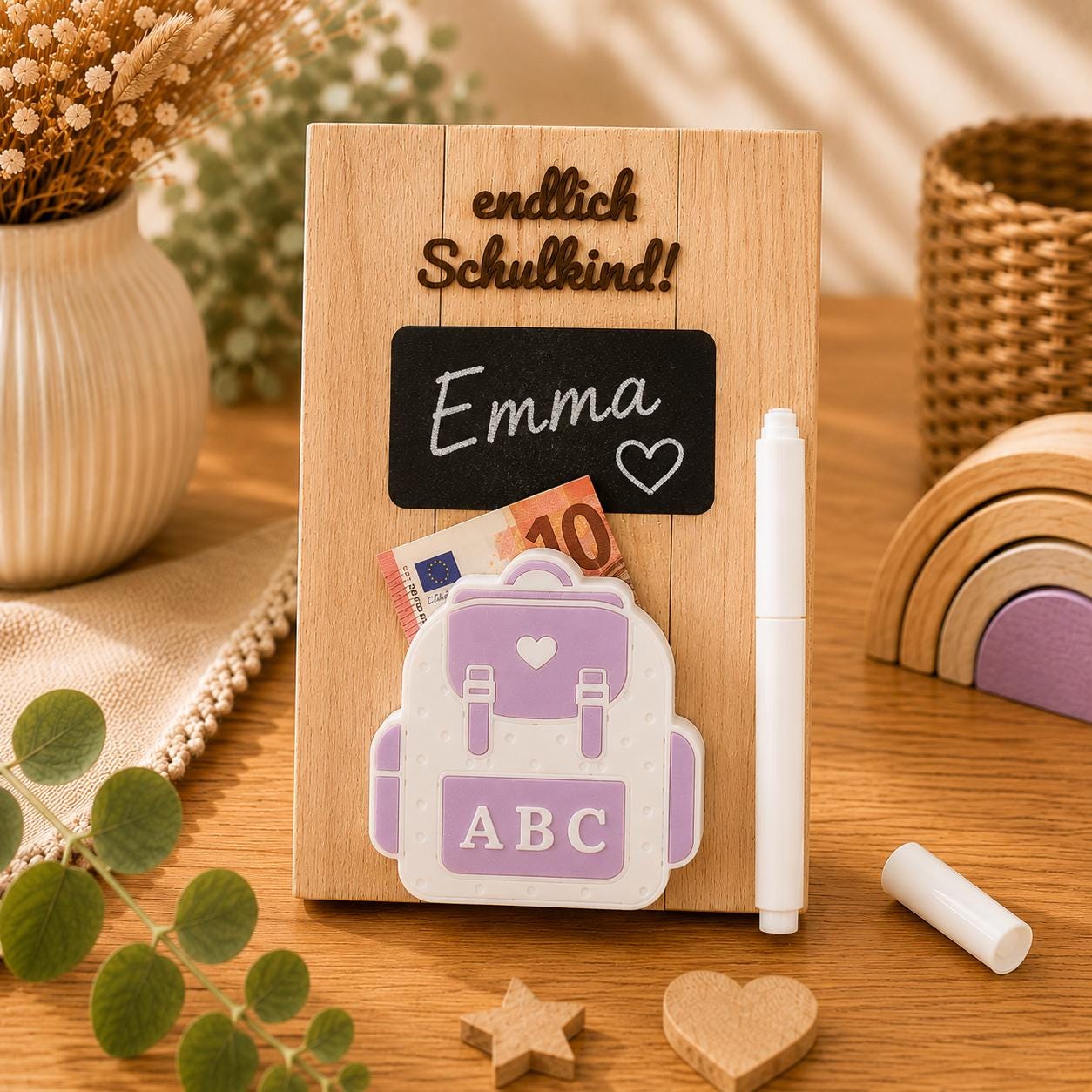 Personalisiertes Geldgeschenk zur Einschulung aus Holz | Schulkind Geschenk mit Tafel, Stift & Geldhalter | Endlich Schulkind | Abschied