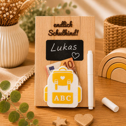 Personalisiertes Geldgeschenk zur Einschulung aus Holz | Schulkind Geschenk mit Tafel, Stift & Geldhalter | Endlich Schulkind | Abschied