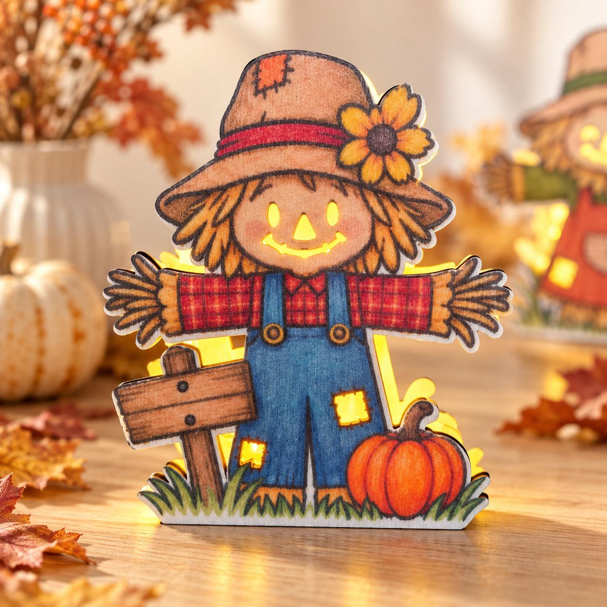 Vogelscheuchen-Teelichthalter aus Holz – LED-Herbstdeko mit Kürbis und Sonnenblume | handgemacht aus bedrucktem Pappelsperrholz | Halloween