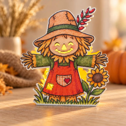 Vogelscheuchen-Teelichthalter aus Holz – LED-Herbstdeko mit Kürbis und Sonnenblume | handgemacht aus bedrucktem Pappelsperrholz | Halloween