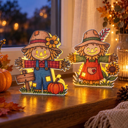 Vogelscheuchen-Teelichthalter aus Holz – LED-Herbstdeko mit Kürbis und Sonnenblume | handgemacht aus bedrucktem Pappelsperrholz | Halloween