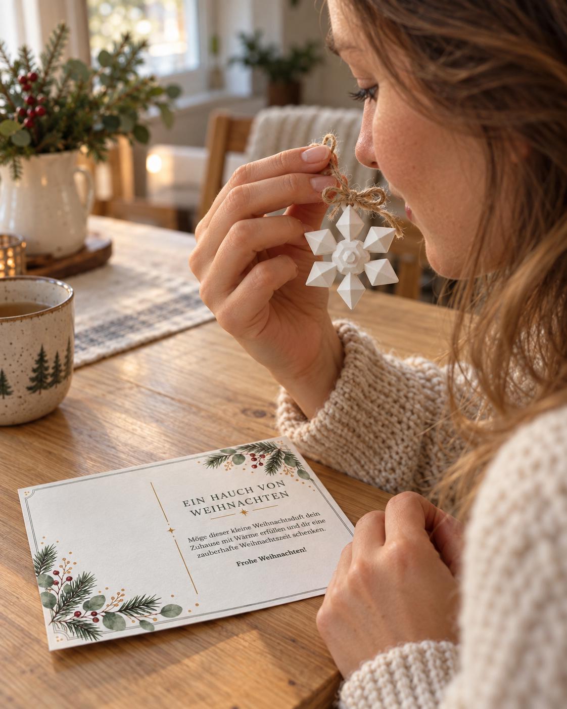 Personalisierte Weihnachtskarte mit Duftstein Schneeflocke | Duftende Grußkarte mit Namen & grünem Umschlag | Geschenk zu Weihnachten