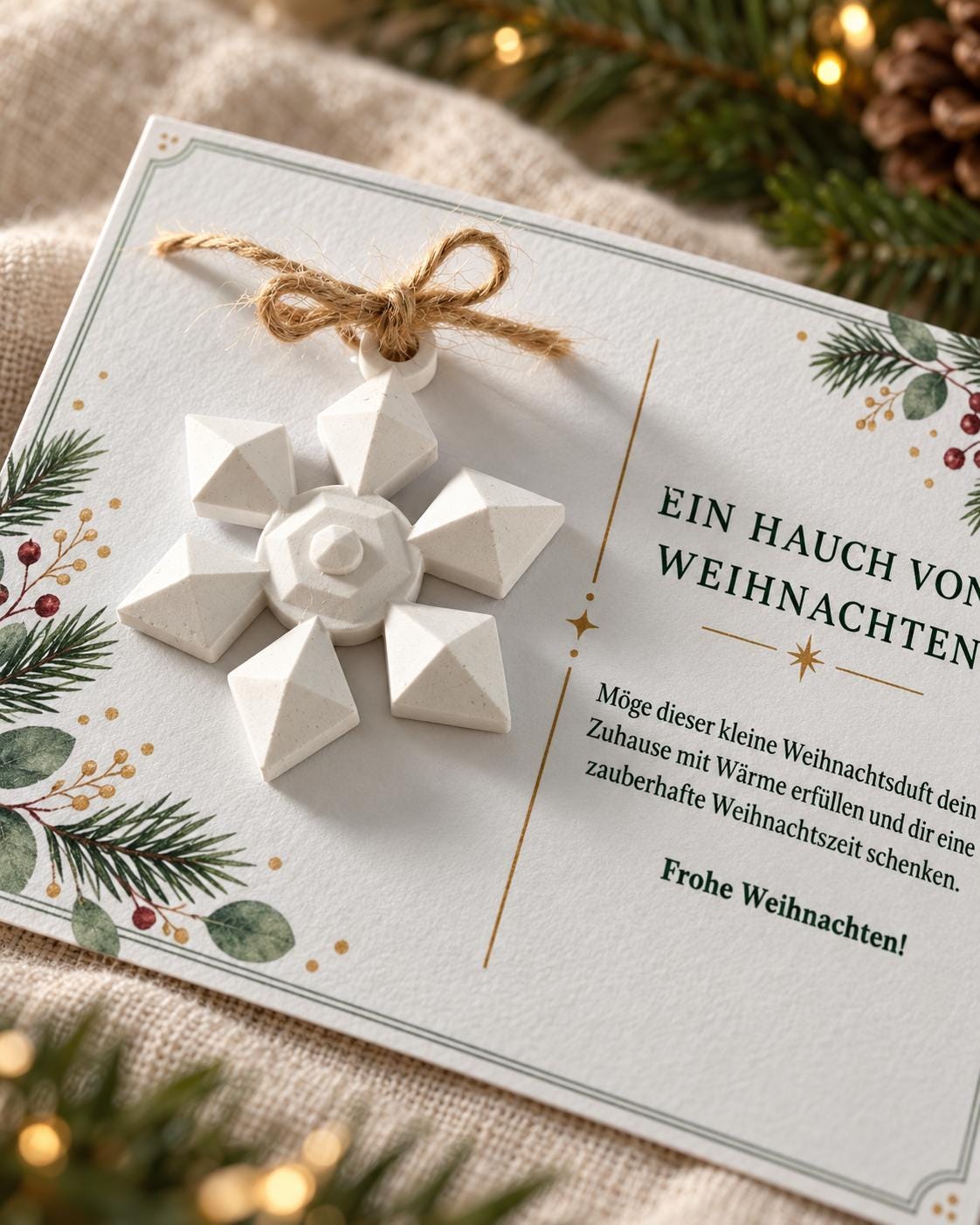 Personalisierte Weihnachtskarte mit Duftstein Schneeflocke | Duftende Grußkarte mit Namen & grünem Umschlag | Geschenk zu Weihnachten