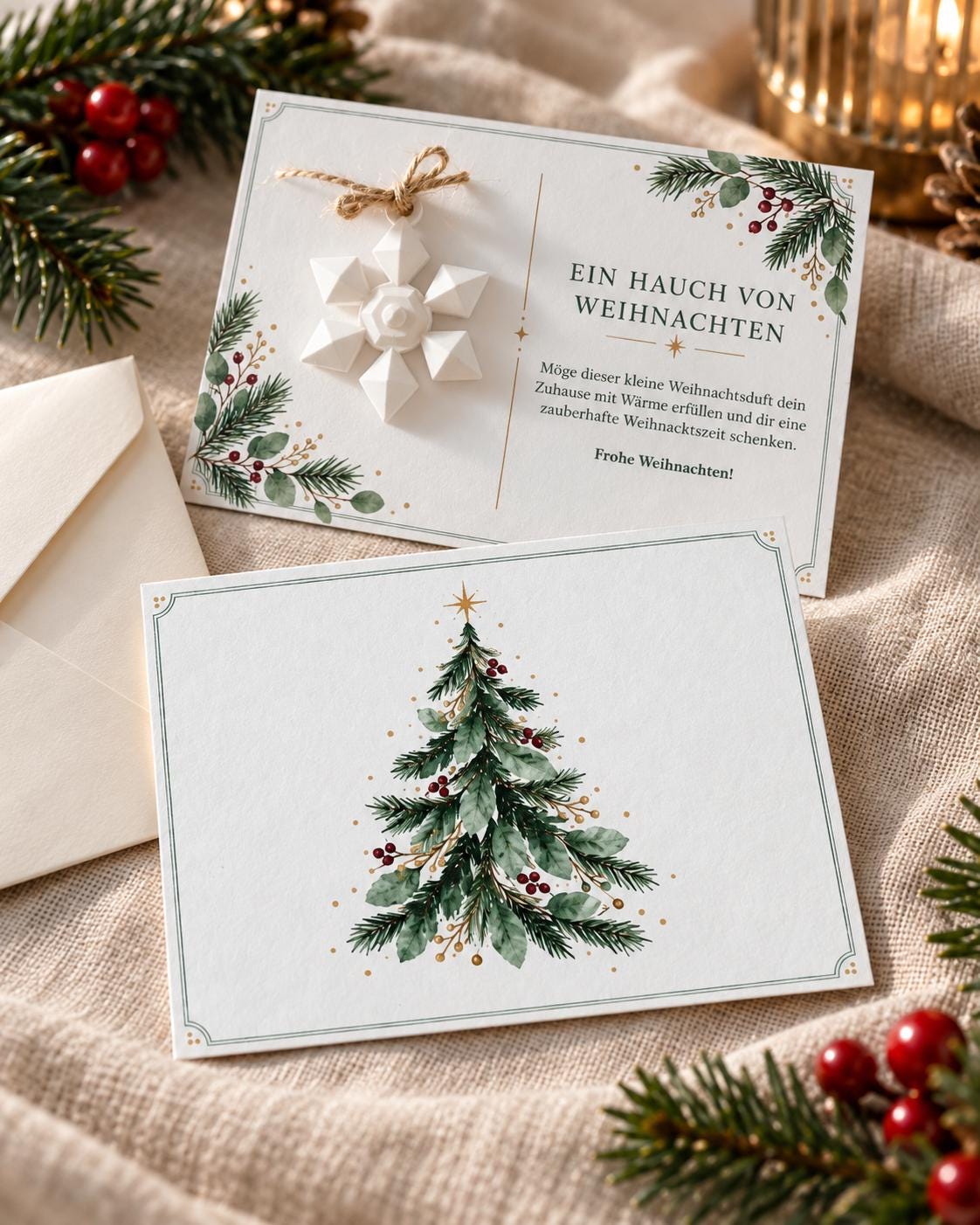 Personalisierte Weihnachtskarte mit Duftstein Schneeflocke | Duftende Grußkarte mit Namen & grünem Umschlag | Geschenk zu Weihnachten