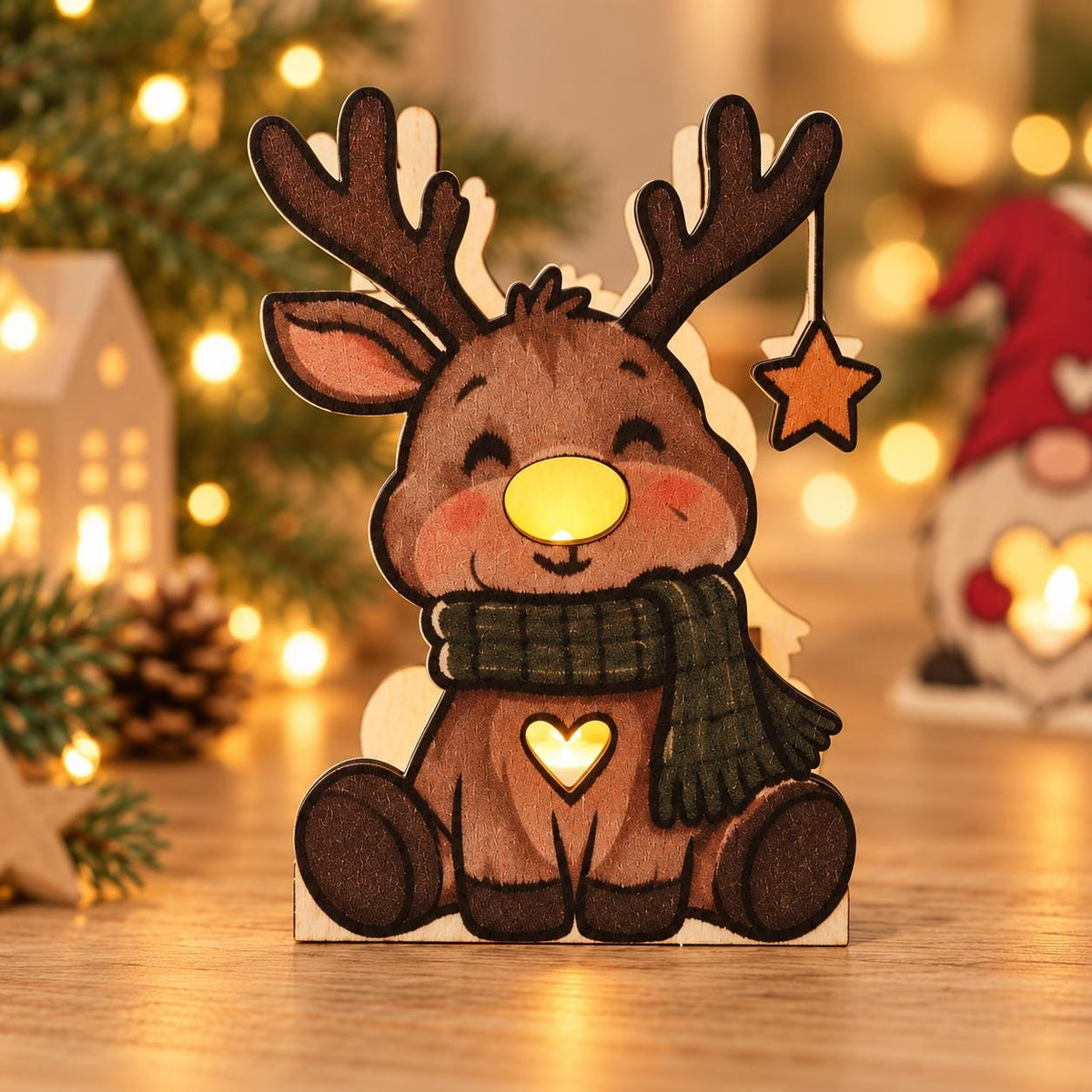 Weihnachtlicher Teelichthalter aus Holz – Wichtel, Rentier oder Schneemann – beleuchtete Weihnachtsdeko aus Pappelsperrholz, handgemacht