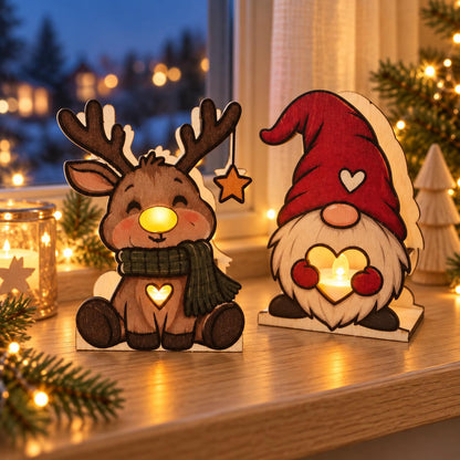 Weihnachtlicher Teelichthalter aus Holz – Wichtel, Rentier oder Schneemann – beleuchtete Weihnachtsdeko aus Pappelsperrholz, handgemacht