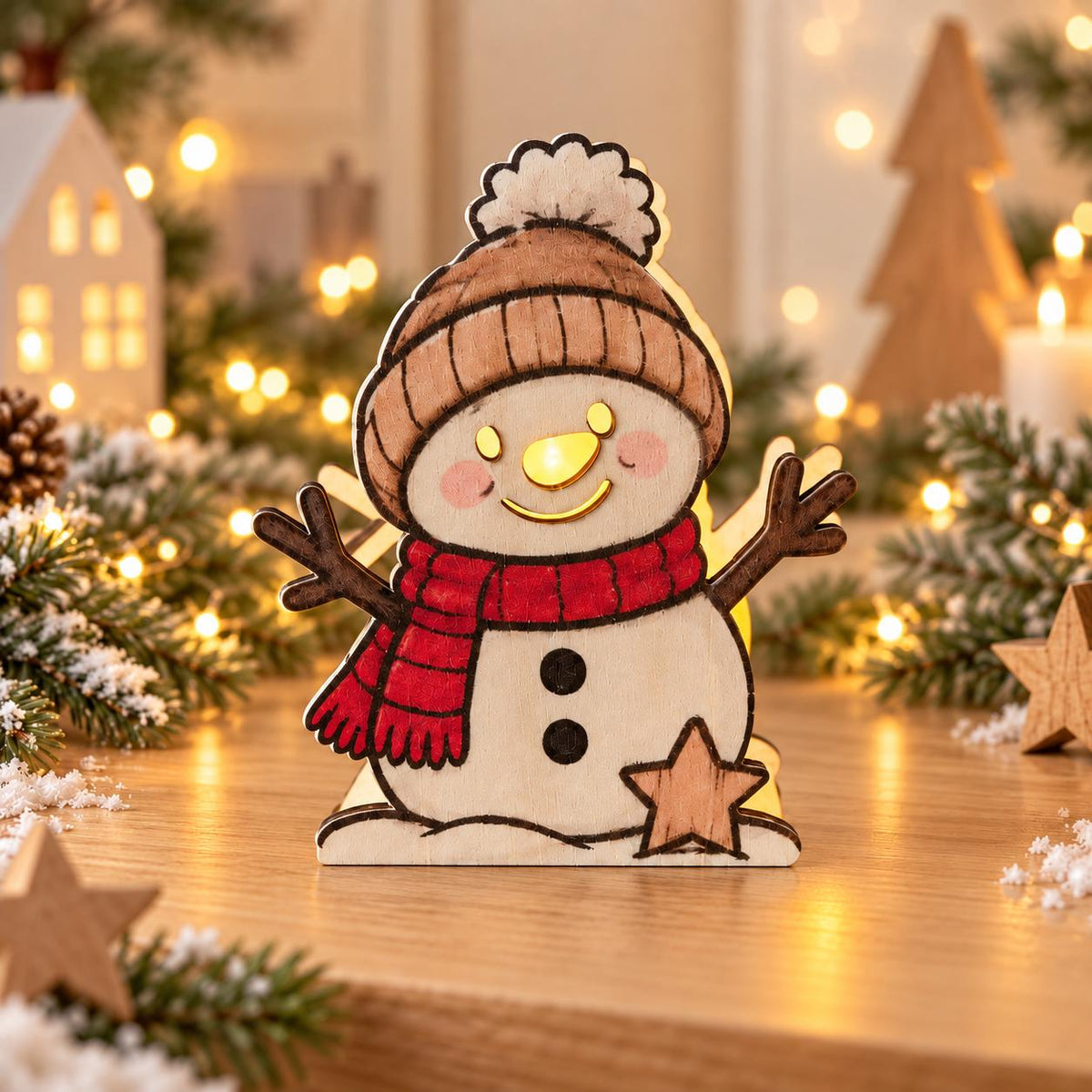 Weihnachtlicher Teelichthalter aus Holz – Wichtel, Rentier oder Schneemann – beleuchtete Weihnachtsdeko aus Pappelsperrholz, handgemacht