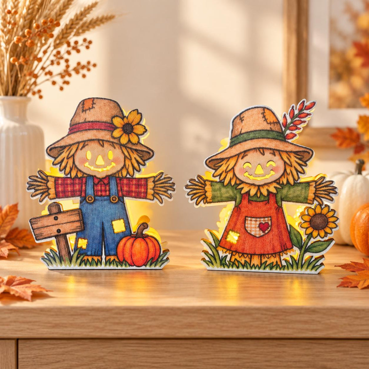 Vogelscheuchen-Teelichthalter aus Holz – LED-Herbstdeko mit Kürbis und Sonnenblume | handgemacht aus bedrucktem Pappelsperrholz | Halloween