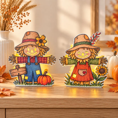 Vogelscheuchen-Teelichthalter aus Holz – LED-Herbstdeko mit Kürbis und Sonnenblume | handgemacht aus bedrucktem Pappelsperrholz | Halloween