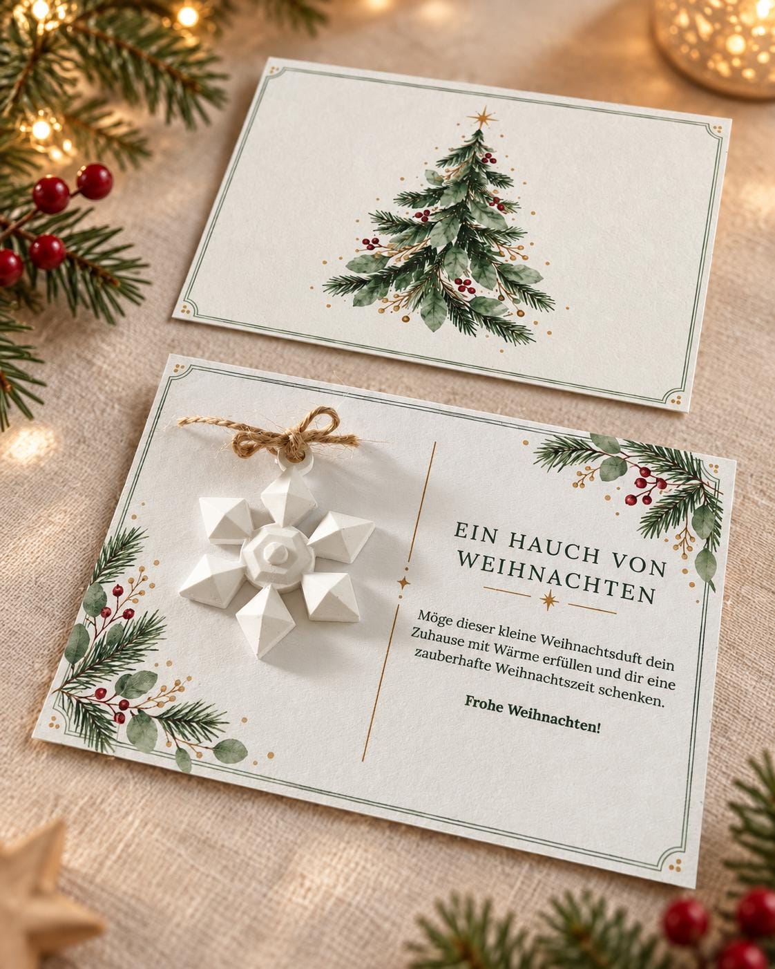 Personalisierte Weihnachtskarte mit Duftstein Schneeflocke | Duftende Grußkarte mit Namen & grünem Umschlag | Geschenk zu Weihnachten