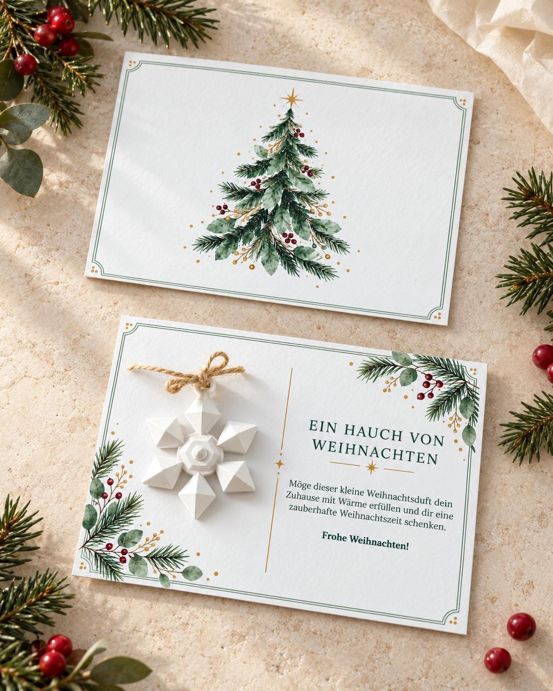 Personalisierte Weihnachtskarte mit Duftstein Schneeflocke | Duftende Grußkarte mit Namen & grünem Umschlag | Geschenk zu Weihnachten