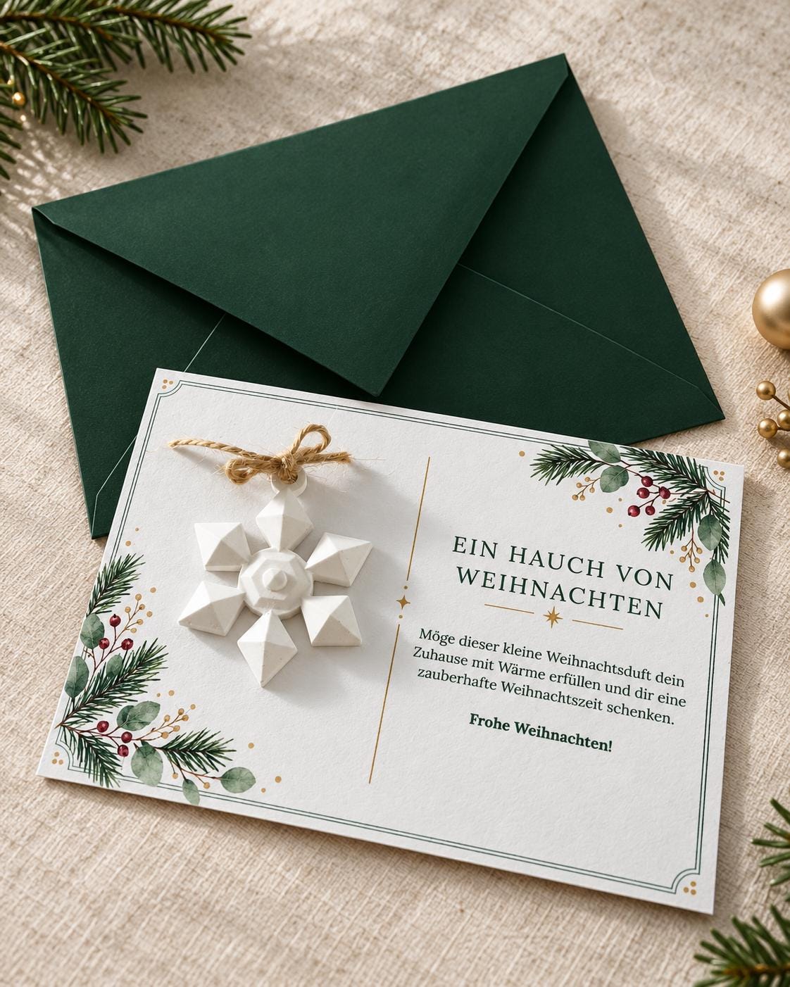 Personalisierte Weihnachtskarte mit Duftstein Schneeflocke | Duftende Grußkarte mit Namen & grünem Umschlag | Geschenk zu Weihnachten