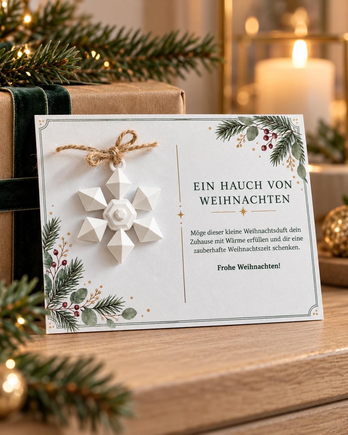 Personalisierte Weihnachtskarte mit Duftstein Schneeflocke | Duftende Grußkarte mit Namen & grünem Umschlag | Geschenk zu Weihnachten