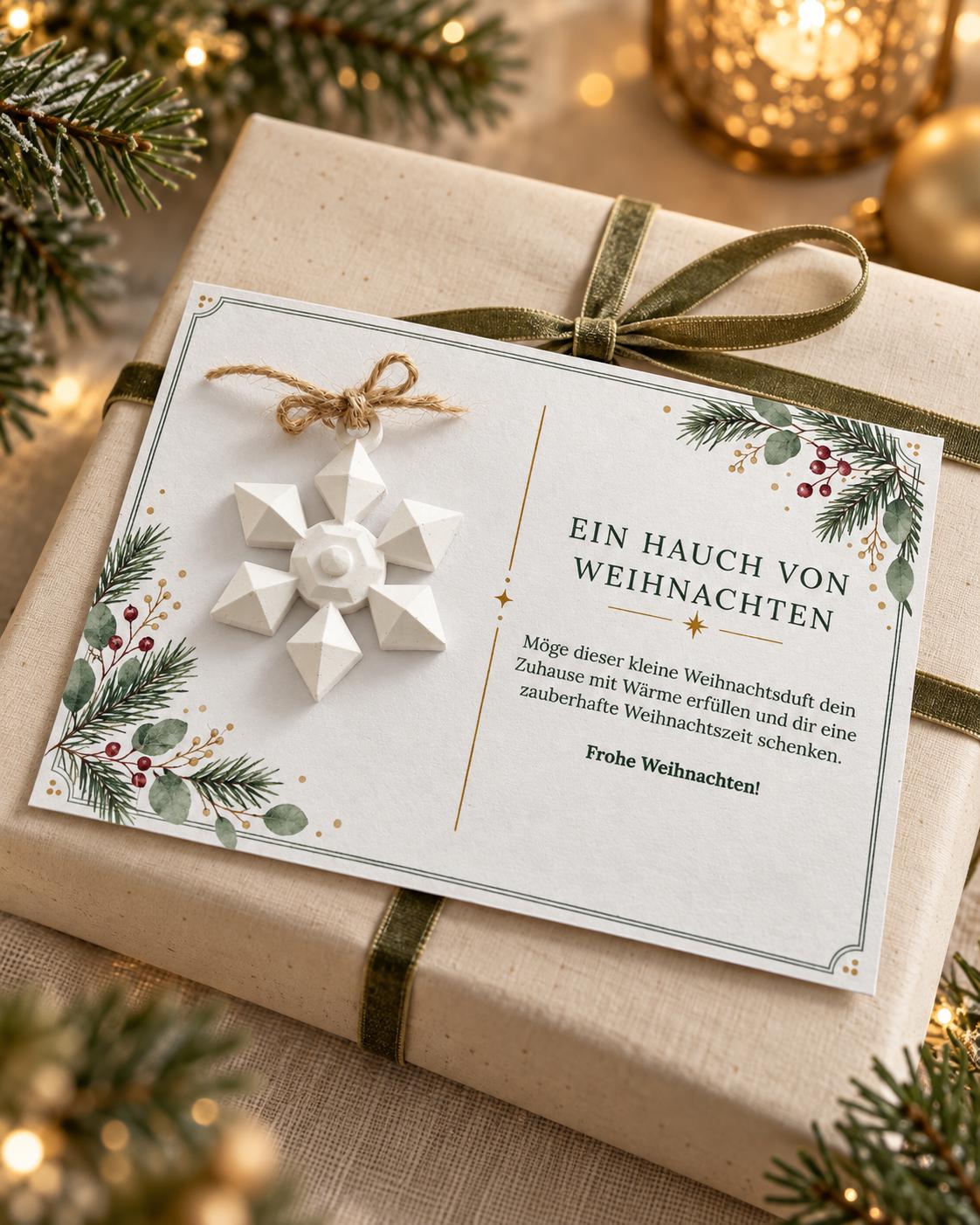 Personalisierte Weihnachtskarte mit Duftstein Schneeflocke | Duftende Grußkarte mit Namen & grünem Umschlag | Geschenk zu Weihnachten