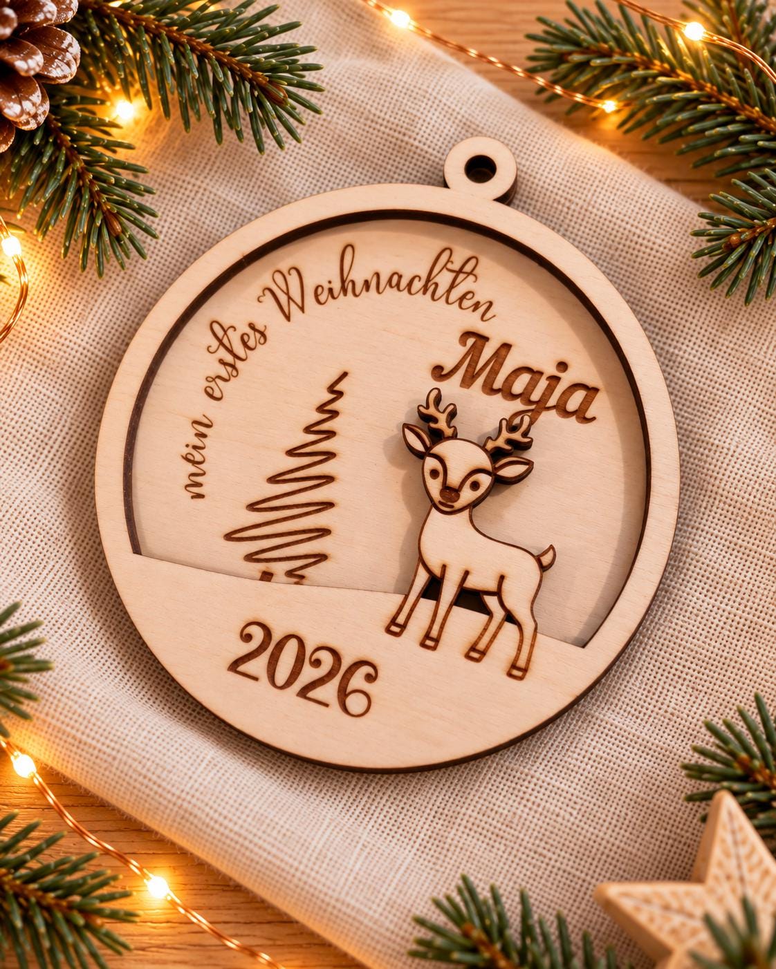 Weihnachtsbaumanhänger | Christbaumschmuck Holz | Christbaumkugel mit Gravur | Geschenkidee Weihnachten & personalisierte Geschenke