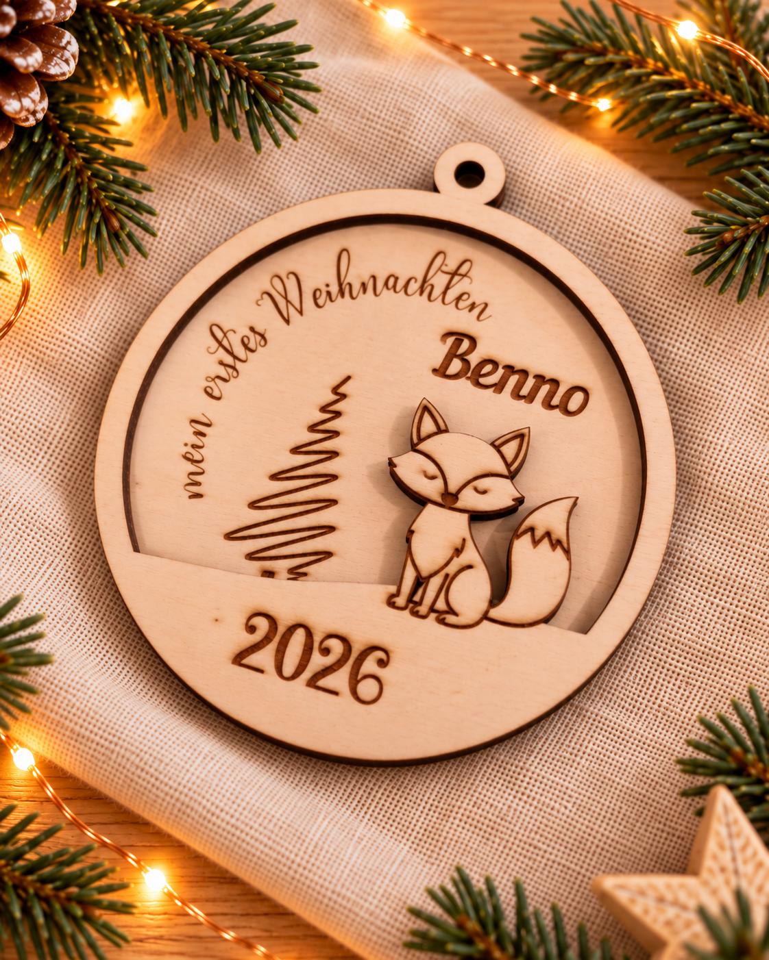 Weihnachtsbaumanhänger | Christbaumschmuck Holz | Christbaumkugel mit Gravur | Geschenkidee Weihnachten & personalisierte Geschenke