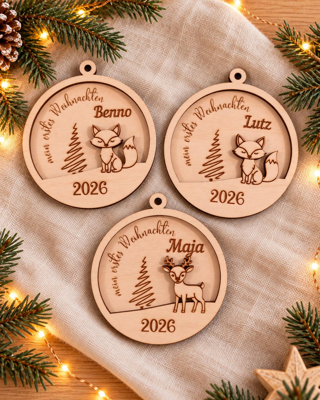 Weihnachtsbaumanhänger | Christbaumschmuck Holz | Christbaumkugel mit Gravur | Geschenkidee Weihnachten & personalisierte Geschenke