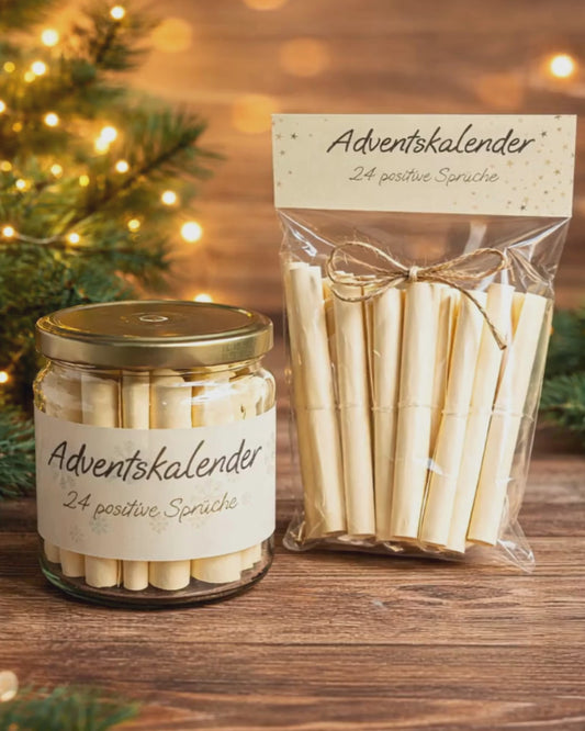 Adventskalender mit 24 Sprüchen – Humorvoll oder Positiv, im Glas oder Cellophanbeutel verpackt, Geschenkidee zur Adventszeit
