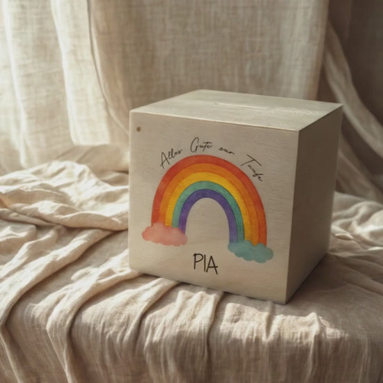 Personalisierte Spardose zur Taufe, Geburt, Hochzeit, Einschulung aus Holz – Geschenk mit Namen & Text individualisierbar, Wunschtext