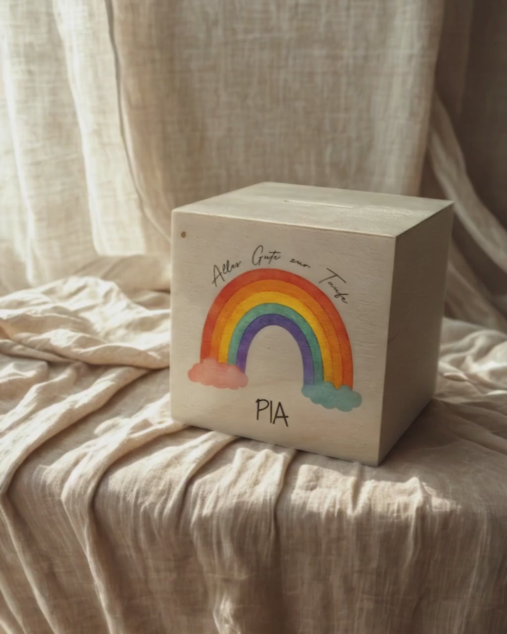 Personalisierte Spardose zur Taufe, Geburt, Hochzeit, Einschulung aus Holz – Geschenk mit Namen & Text individualisierbar, Wunschtext