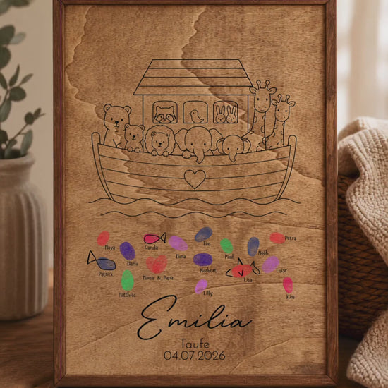 Fingerabdruck Gästebuch Taufe aus Holz mit Rahmen | Personalisiertes Gästebuch A3 | Guest | Geschenk zur Taufe | Kommunion | Geburt
