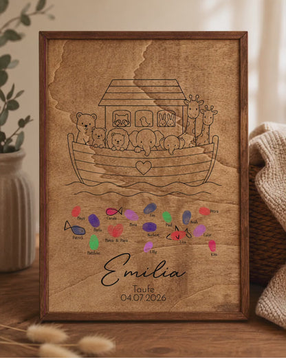 Fingerabdruck Gästebuch Taufe aus Holz mit Rahmen | Personalisiertes Gästebuch A3 | Guest | Geschenk zur Taufe | Kommunion | Geburt
