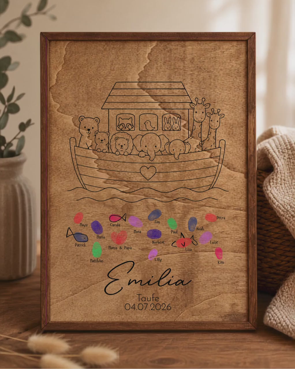 Fingerabdruck Gästebuch Taufe aus Holz mit Rahmen | Personalisiertes Gästebuch A3 | Guest | Geschenk zur Taufe | Kommunion | Geburt
