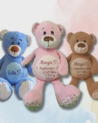 Kuschelbär "Pia" | Geburtsgeschenk Baby | Teddybär | Name, Geburtsdatum und Gewicht | Geschenk zur Geburt | Kuscheltier | Plüschtier | Teddy