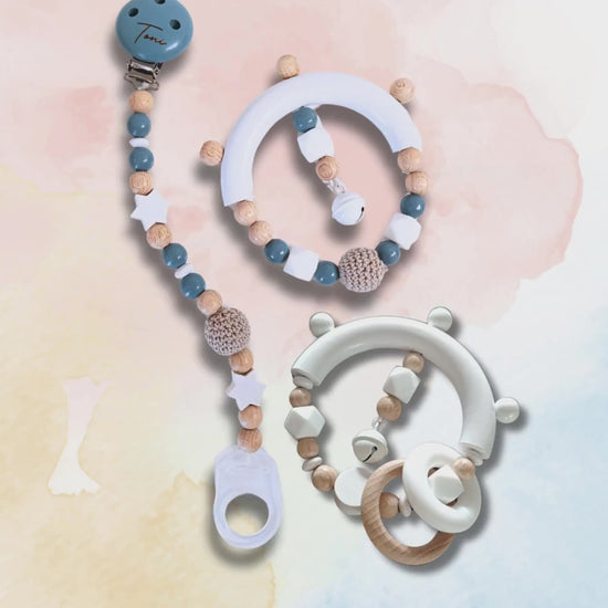 Schnullerketten-Set inkl. Greifling | personalisierbar mit Namen, Häkelperlen, Sterne, Herzen, zur Geburt, Babyparty, Taufe, Geburtsgeschenk